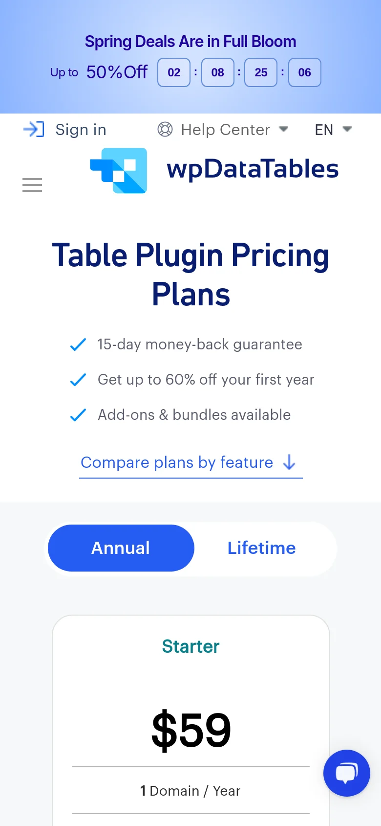 The mobile version simplifies the layout into a vertical stack, centering the headline and guarantee list. The pricing cards are no longer side-by-side but are presented as large, vertically scrolling elements, making the price and 'Buy Now' button the primary focus for each plan.