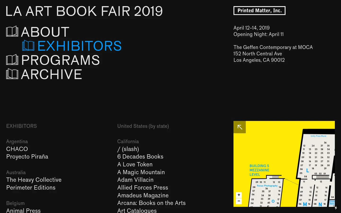 The desktop page features a dark background with large, bold white and blue typography for the site title and navigation links including About, Exhibitors, Programs, and Archive. A list of exhibitors is organized by country on the left, while the right side displays a bright yellow graphic element containing text and schematic-like diagrams. The layout uses high-contrast colors and oversized headings for a minimalist, modern aesthetic.