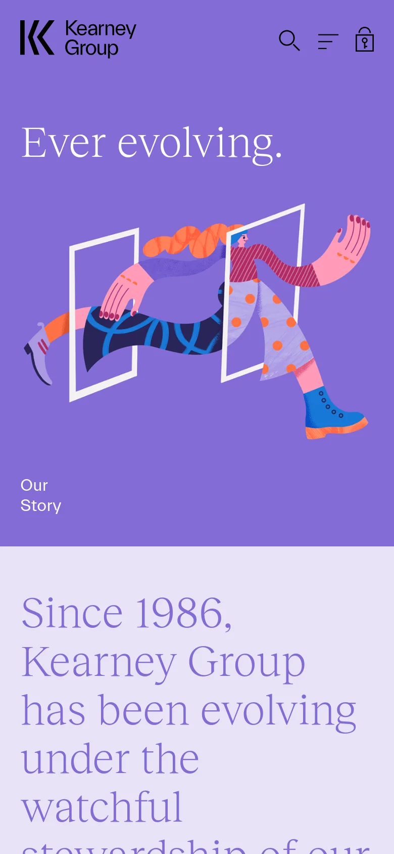 The mobile version uses a vertical layout with a condensed header containing the logo, a search icon, a hamburger menu, and a login icon. The purple hero section prominently displays the 'Ever evolving.' headline and the central running illustration, followed by the company history text below.