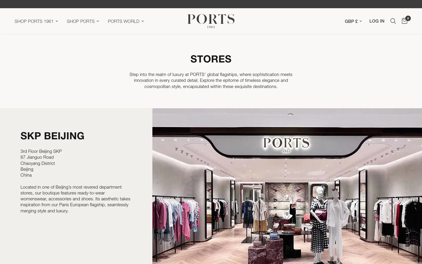 The desktop page features a minimalist white layout with the PORTS 1961 logo centered at the top. A large 'STORES' heading is followed by introductory text, and below, a two-column section displays the 'SKP BEIJING' store details on the left and a wide, high-quality photograph of the modern, brightly lit store interior on the right.