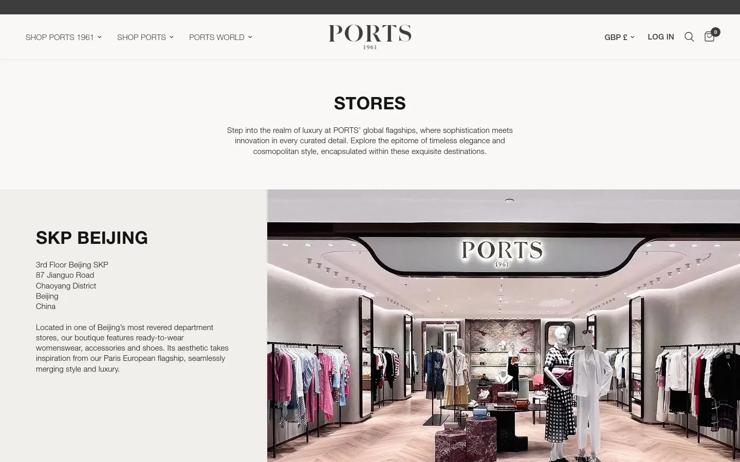 The desktop page features a minimalist white layout with the PORTS 1961 logo centered at the top. A large 'STORES' heading is followed by introductory text, and below, a two-column section displays the 'SKP BEIJING' store details on the left and a wide, high-quality photograph of the modern, brightly lit store interior on the right.