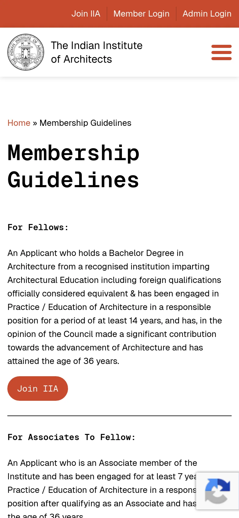 The mobile version displays a simplified vertical layout with the 'Membership Guidelines' headline prominently at the top. The content is stacked in a single column, showing the membership descriptions and brown buttons like 'Join IIA' sequentially. A hamburger menu icon replaces the desktop navigation bar, and the header features the IIA logo and name.