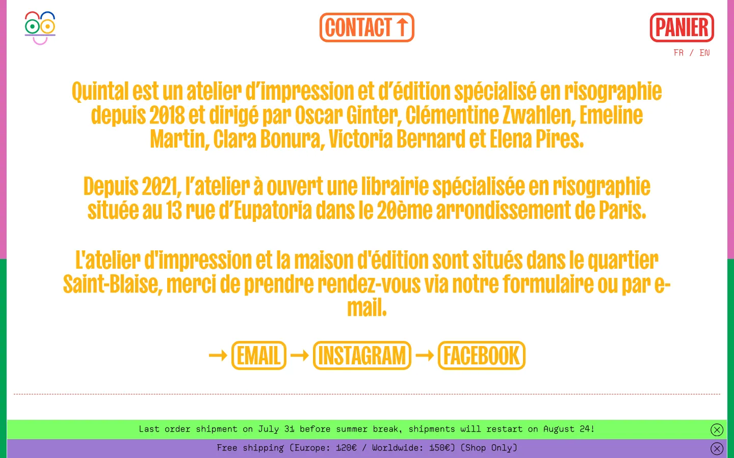 The desktop contact page features a minimalist white background with bold orange and yellow typography. The layout includes a header with a logo, a 'Contact' button, and a 'Panier' link, followed by large text describing the risography workshop and its two locations in Paris. Two colorful images are placed side-by-side below the text, and social media links are styled as orange buttons at the bottom.
