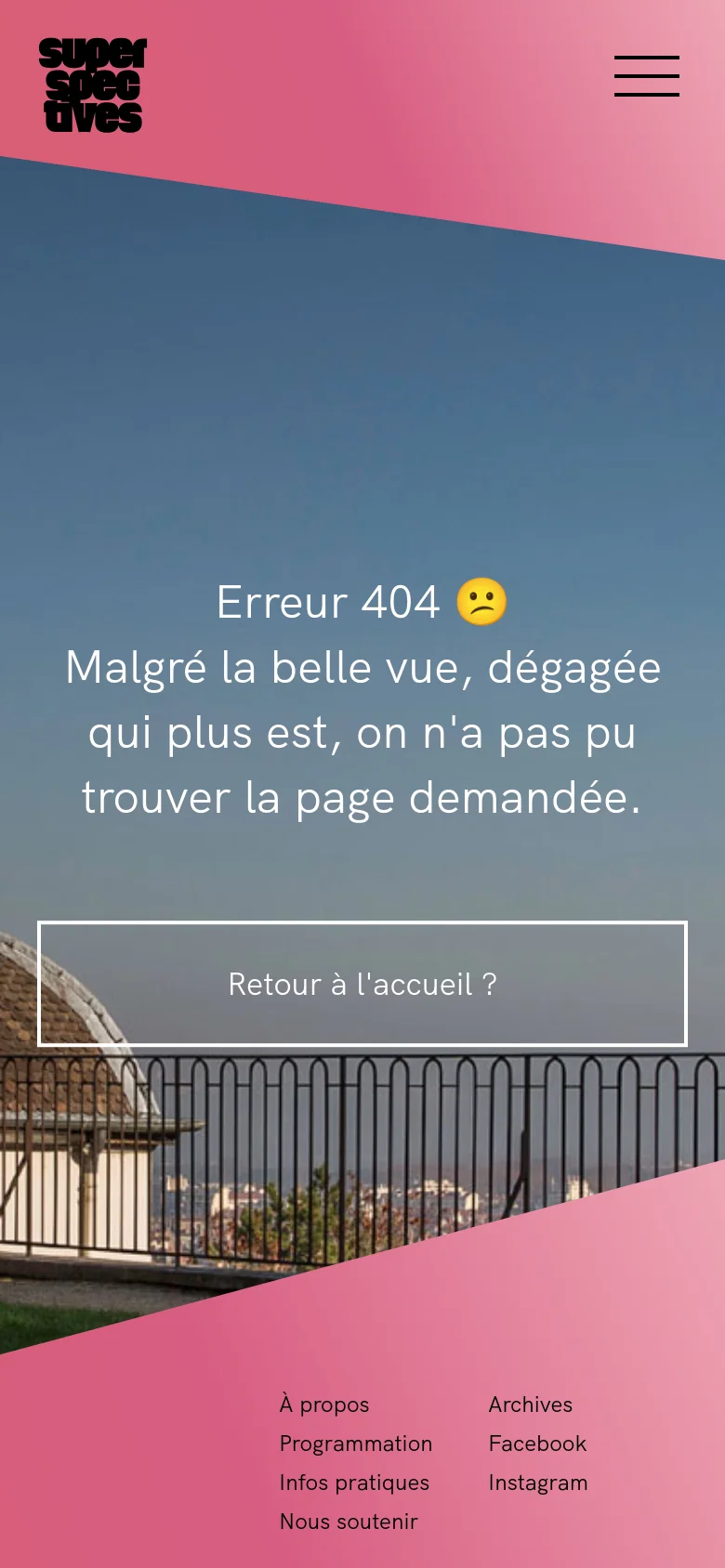 The mobile version shows the same 404 error message and landscape background, but the layout is vertically stacked. The navigation is condensed into a hamburger menu icon in the top right, and the footer links are arranged in two columns on a pink background at the bottom.