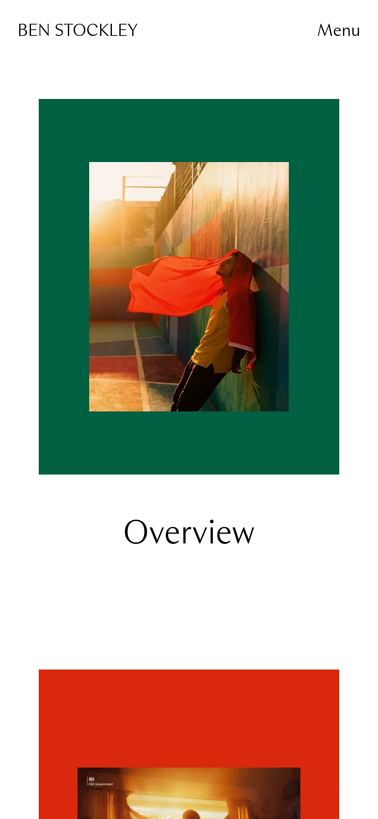 The mobile version presents a single-column vertical layout, focusing on one large project tile at a time. The top features the 'BEN STOCKLEY' branding and a 'Menu' button, followed by a large green block containing a central photograph and the title 'Overview' in a serif font below it.