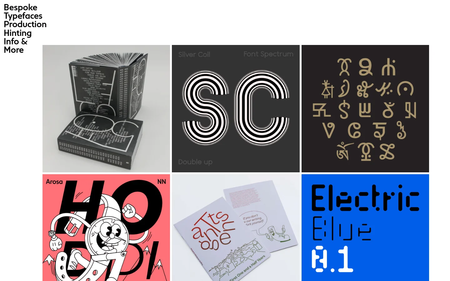 The homepage features a minimalist white background with a sidebar on the left containing black text describing services like Bespoke Typefaces and Hinting. A grid of large, colorful project tiles showcases various typography and design works, including books, typeface specimens, and graphic illustrations.