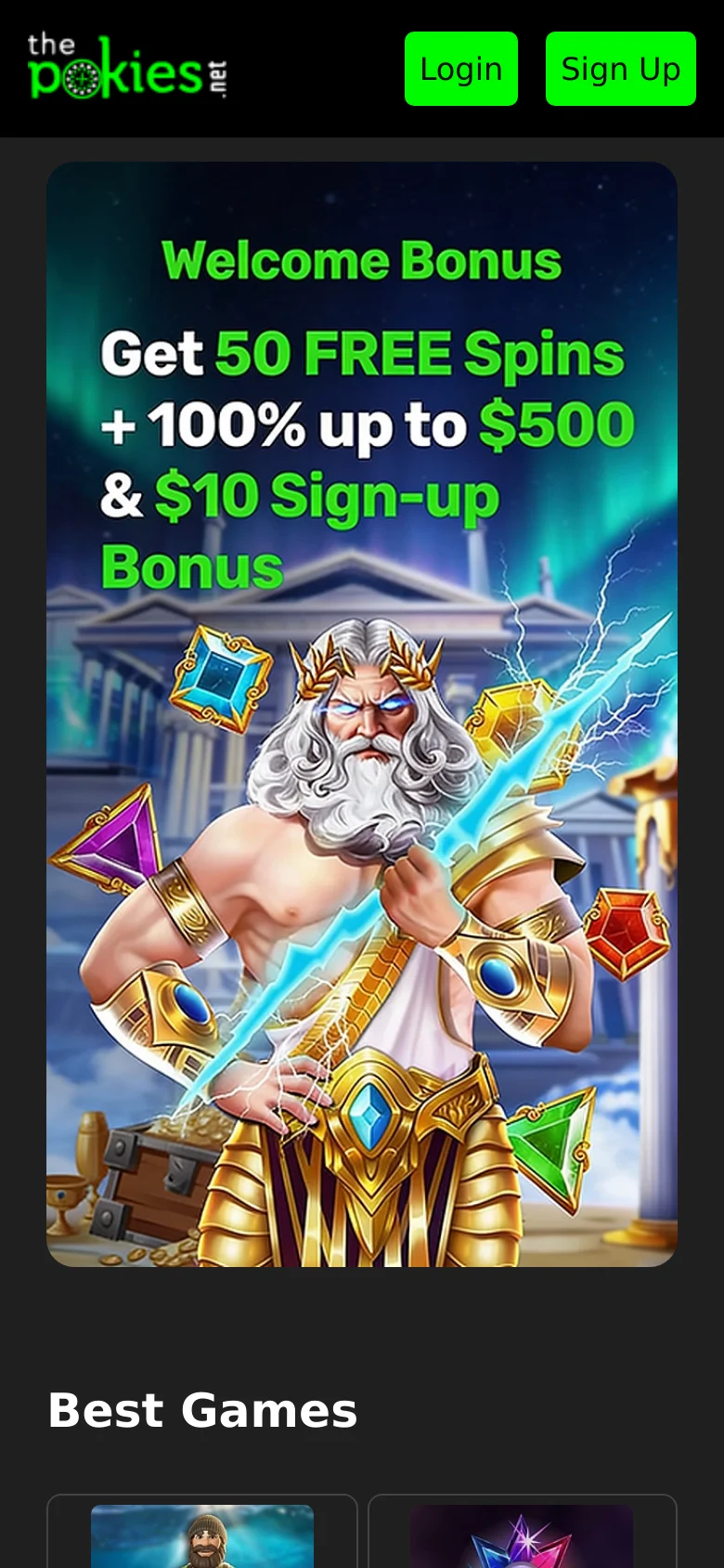 The mobile version uses a vertical layout with the logo, Login, and Sign Up buttons at the top. The hero section is a tall, vertical banner highlighting a 'Welcome Bonus' of 50 FREE Spins plus a 100% deposit match, featuring a prominent Zeus character. The 'Best Games' section follows below, with game tiles scaled to fit the narrower screen width.