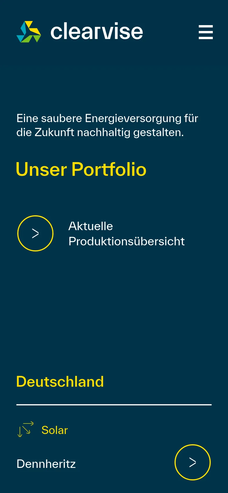 The mobile version uses a vertical layout with a hamburger menu icon in the top right. The hero section maintains the dark teal background and yellow 'Unser Portfolio' headline, but the call to action is repositioned and the content below transitions into a single-column list of project locations like 'Deutschland' and 'Solar'.