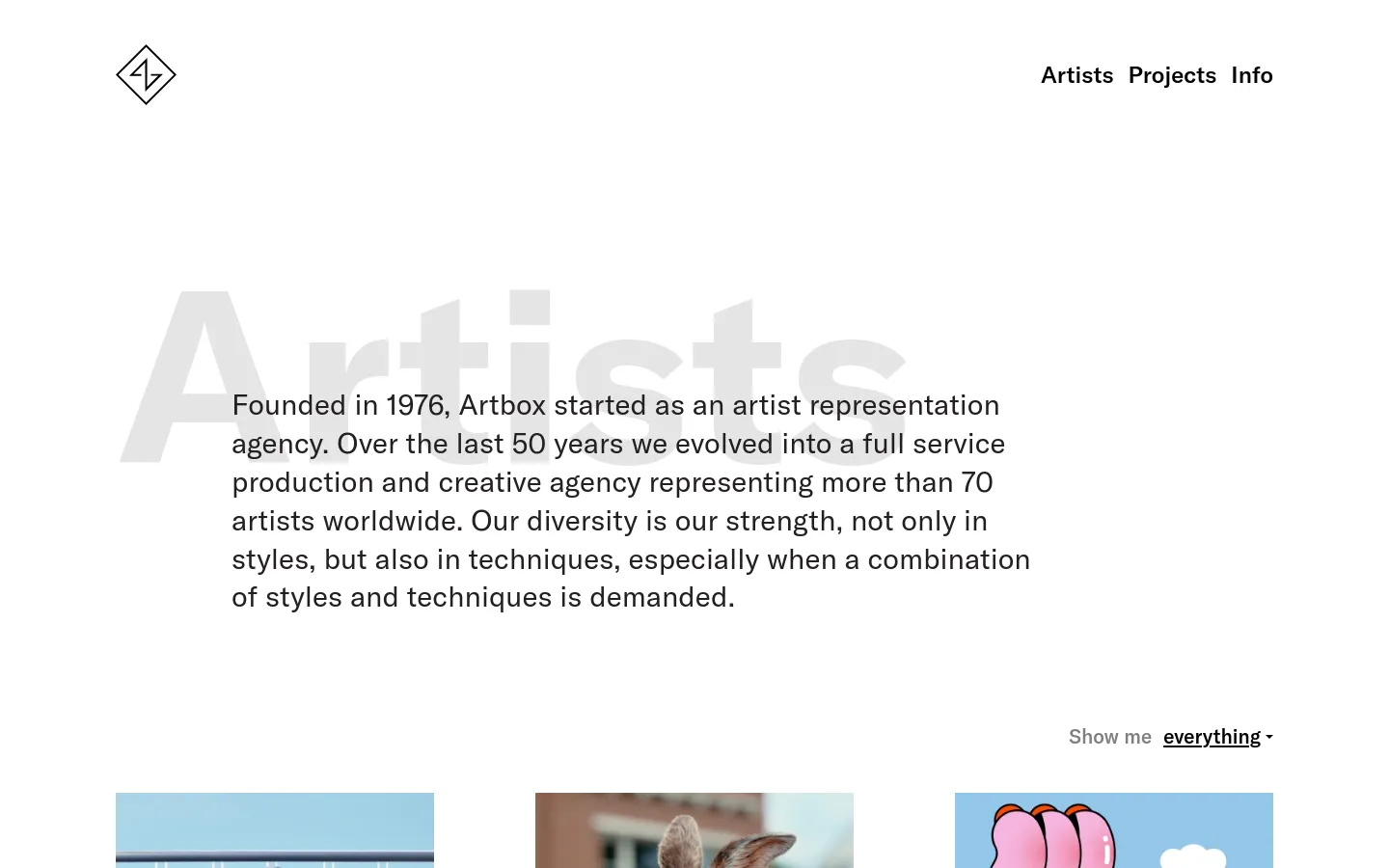 The desktop page features a minimalist white background with large, light gray 'Artists' text in the background. A text block describes the agency's history, followed by a 'Show me' filter dropdown and a grid of artist portfolio thumbnails with names and specialties listed below each image.
