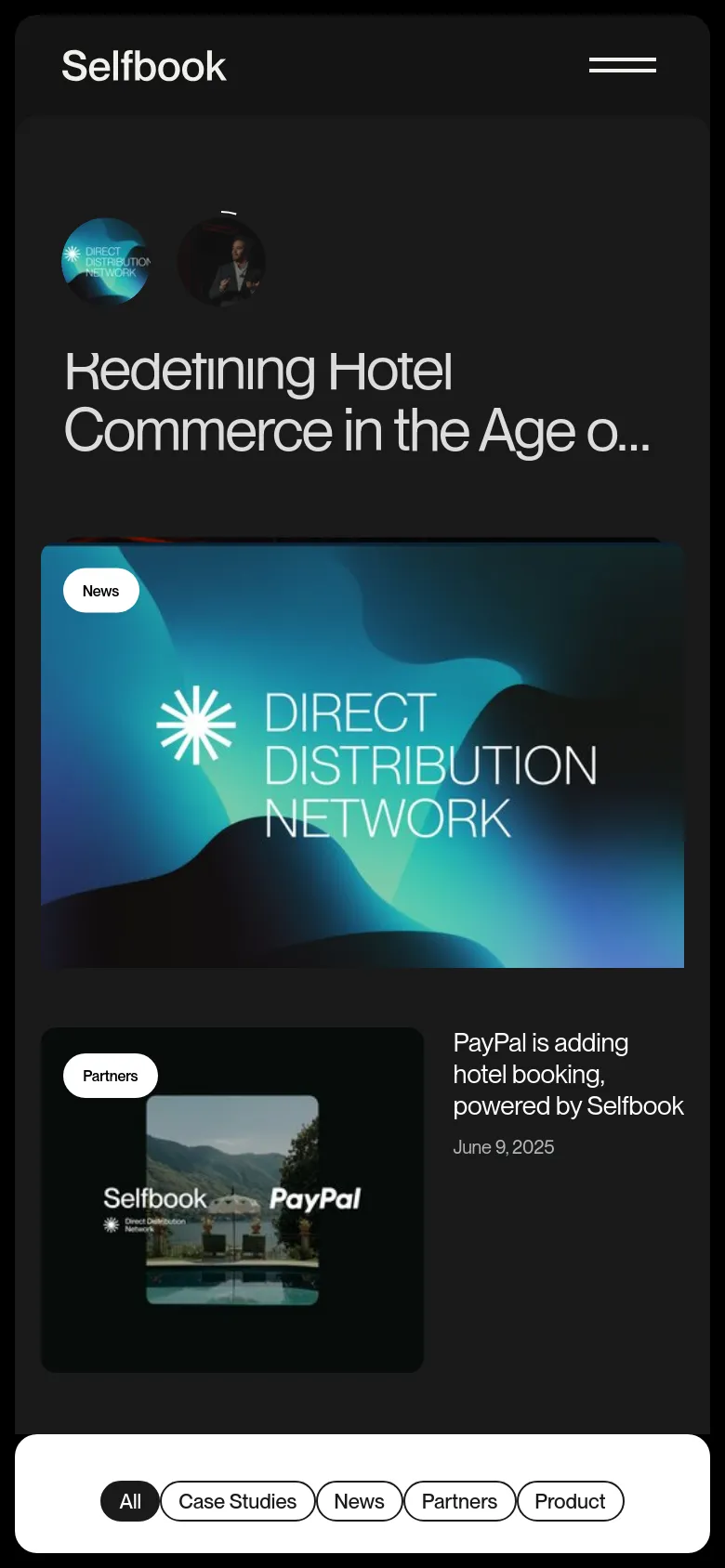 The mobile version uses a single-column vertical layout optimized for small screens, stacking the hero imagery and text content. The navigation is condensed into a hamburger menu icon at the top right, and a sticky filter bar at the bottom allows users to quickly sort content by Case Studies, News, Partners, or Product.