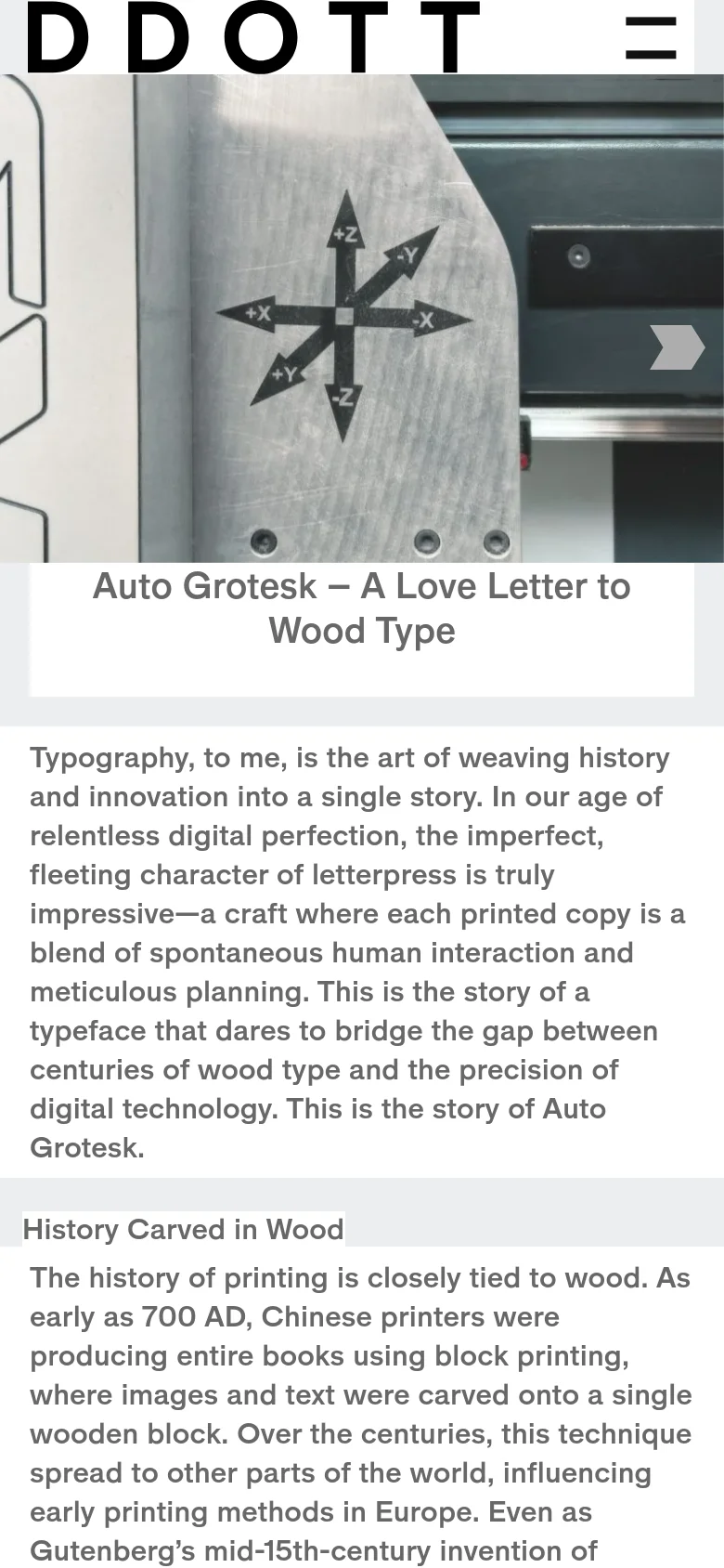 The mobile version presents a single-column vertical layout, stacking the hero images on top of each other before the headline and text. The navigation is condensed into a hamburger menu icon next to the 'DDOTT' logo. The typography remains legible, but the side-by-side image composition from the desktop version is replaced by a vertical scroll.