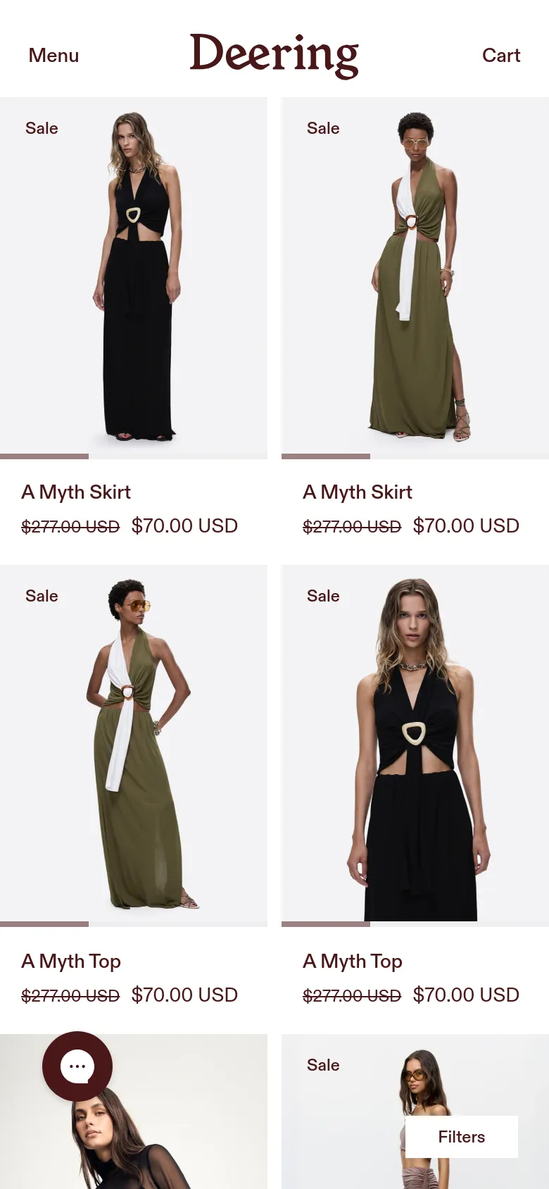 The mobile version presents a simplified single-column layout of the product grid to optimize vertical scrolling. The header is condensed with a 'Menu' label, the Deering logo, and a 'Cart' link. A floating 'Filters' button is visible at the bottom, and a circular chat icon is positioned in the lower-left corner, while product images remain the central focus.