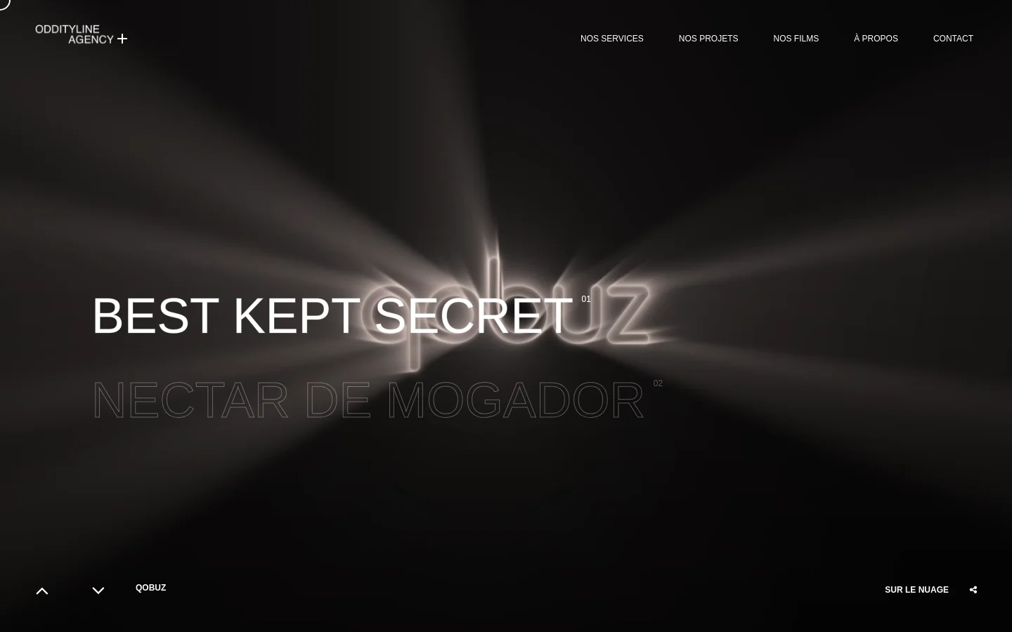 The desktop website features a dark, cinematic aesthetic with a black background and dramatic light rays emanating from the center. A large white headline reads 'BEST KEPT SECRET' with 'NECTAR DE MOGADOR' below it, overlaid on a glowing logo. The top navigation menu includes links for Nos Services, Nos Projets, Nos Films, À Propos, and Contact.