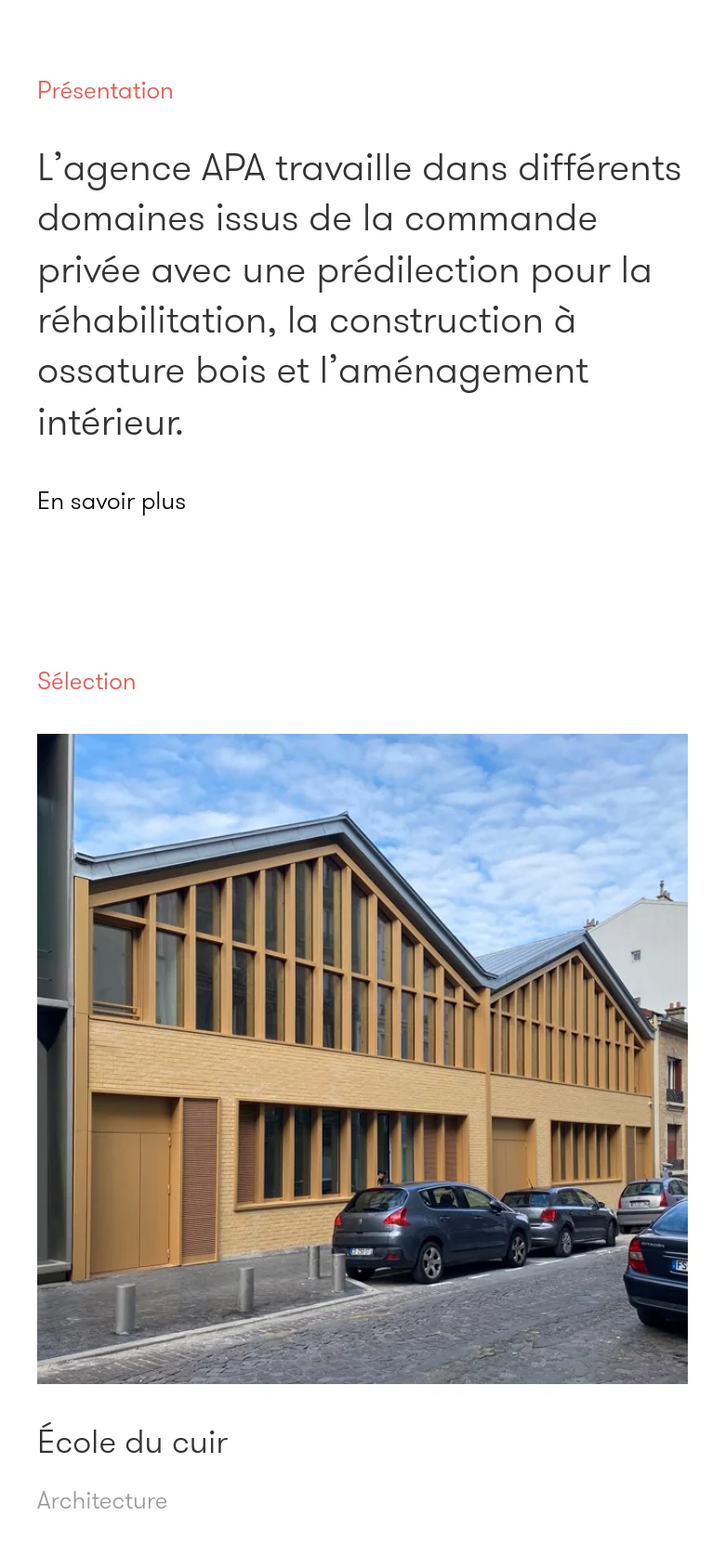 The mobile version presents a vertically stacked layout, prioritizing the large hero image and the agency's descriptive text at the top. The navigation links are simplified, and the project gallery transitions into a single-column scrollable view for easier viewing on smaller screens.