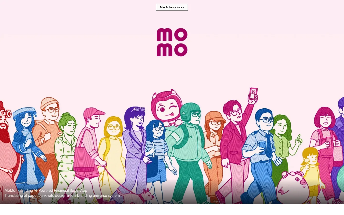 The desktop homepage features a minimalist design with a light pink background. A large, colorful illustration of a diverse crowd of people in various shades of pink, blue, green, and yellow dominates the center, with the 'MoMo' logo positioned above them. A text overlay at the bottom describes the MoMo project as an AI-powered financial super app.