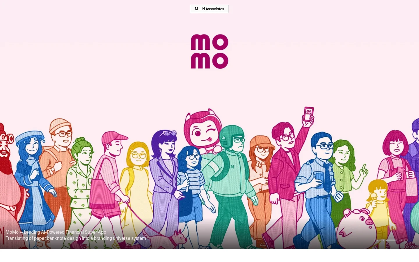 The desktop homepage features a minimalist design with a light pink background. A large, colorful illustration of a diverse crowd of people in various shades of pink, blue, green, and yellow dominates the center, with the 'MoMo' logo positioned above them. A text overlay at the bottom describes the MoMo project as an AI-powered financial super app.
