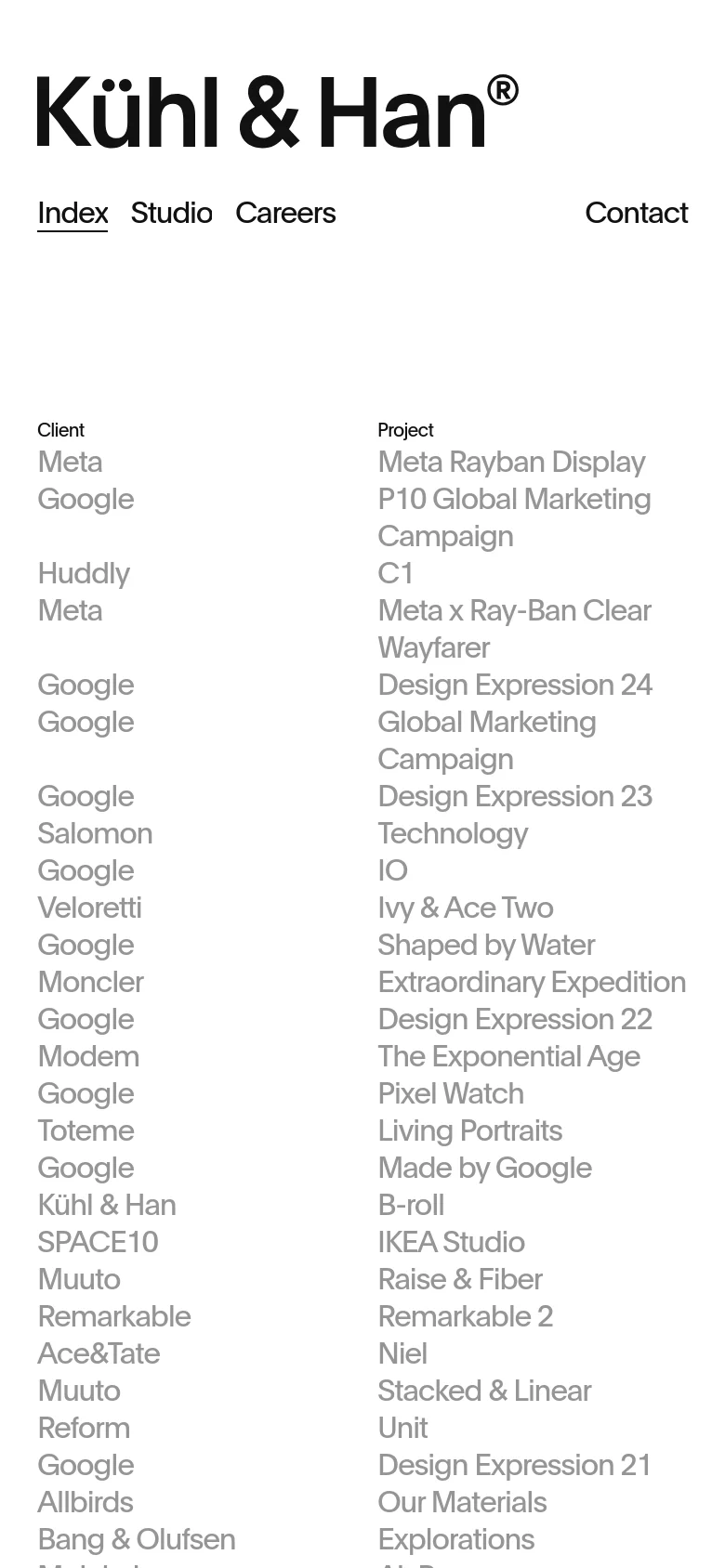 The mobile version maintains the minimalist black-on-white aesthetic but shifts to a single-column vertical layout. The brand logo and navigation links are stacked at the top, followed by a long, continuous list of client and project information that is easier to scroll through on a phone.
