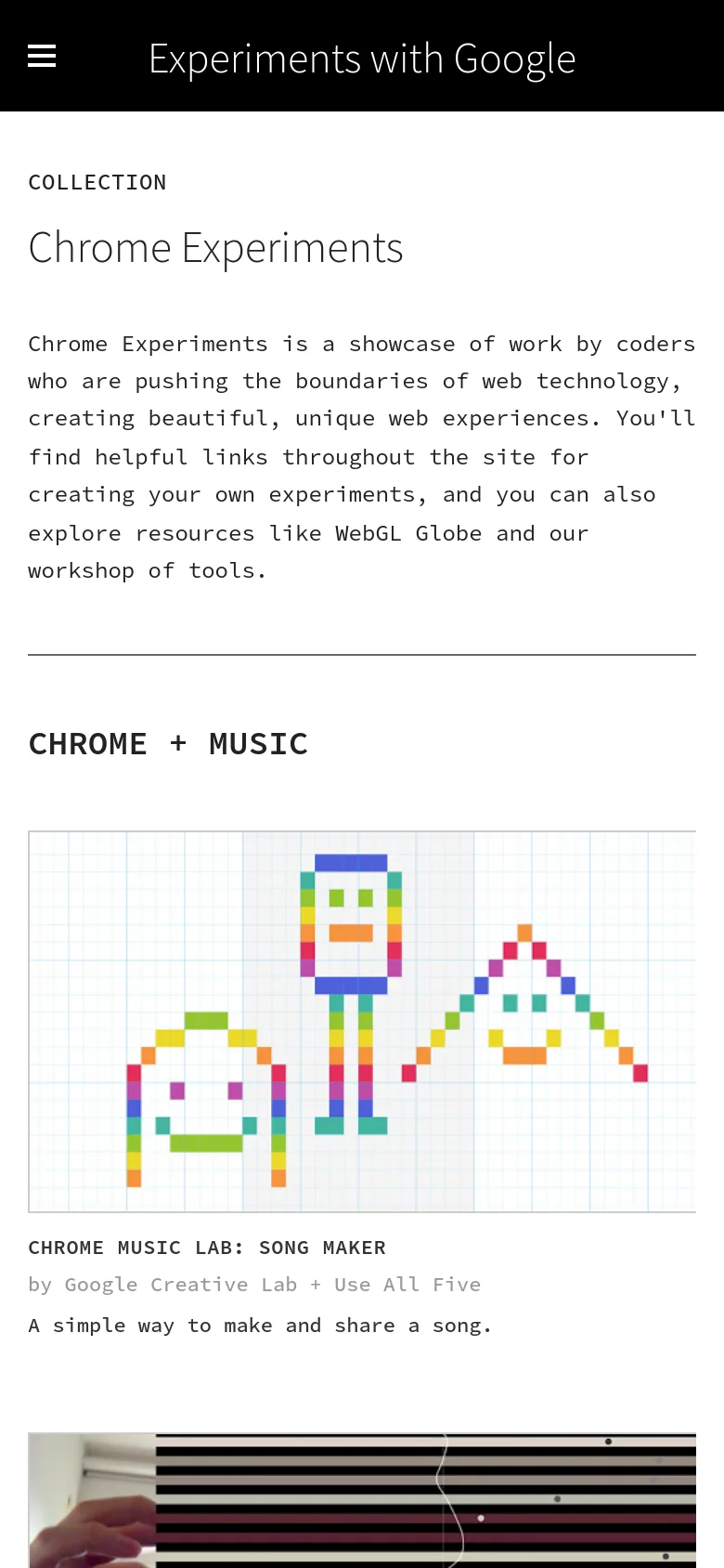 The mobile version maintains the white background and black text but uses a simplified layout. The top navigation is condensed into a hamburger menu icon next to the 'Experiments with Google' logo, and the project cards are stacked vertically to fit the narrow screen width.