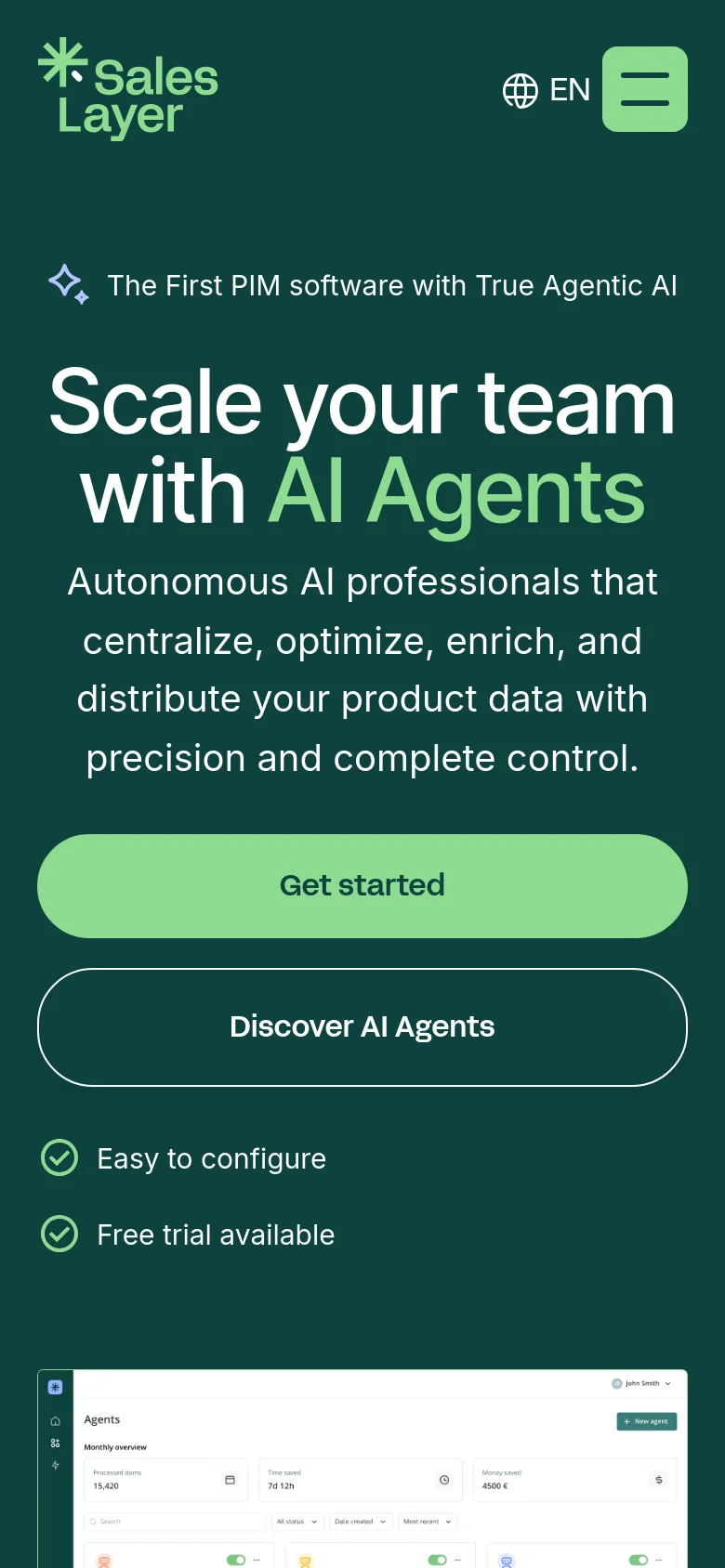 The mobile version presents a simplified vertical layout with a dark green background and a hamburger menu icon in the top right. The hero headline 'Scale your team with AI Agents' is centered above large, full-width buttons for 'Get started' and 'Discover AI Agents'. A partial view of the software dashboard mockup is visible at the bottom of the screen.