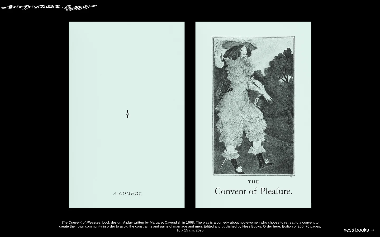 The Espace Ness homepage features a minimalist black background with a white logo at the top. A vertical grid displays various book design projects, including large high-contrast images of book covers and open pages accompanied by descriptive text. The layout is clean and spacious, using a mix of serif and sans-serif typography in white and light mint green.