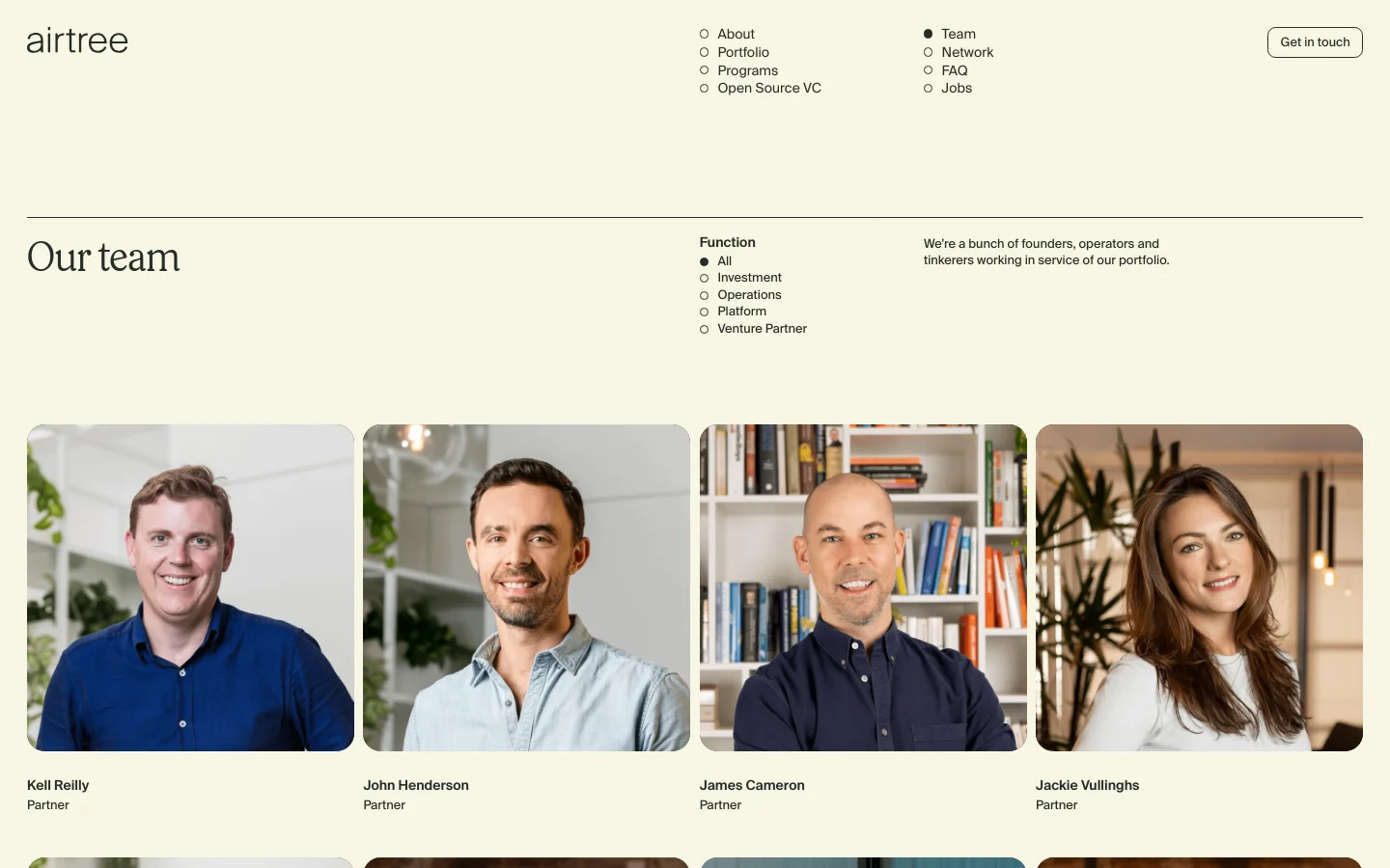 Airtree Ventures team page featuring a minimalist cream and black design. The layout includes a navigation menu, a function filter with radio buttons, and a large grid of professional portraits of partners with serif typography.
