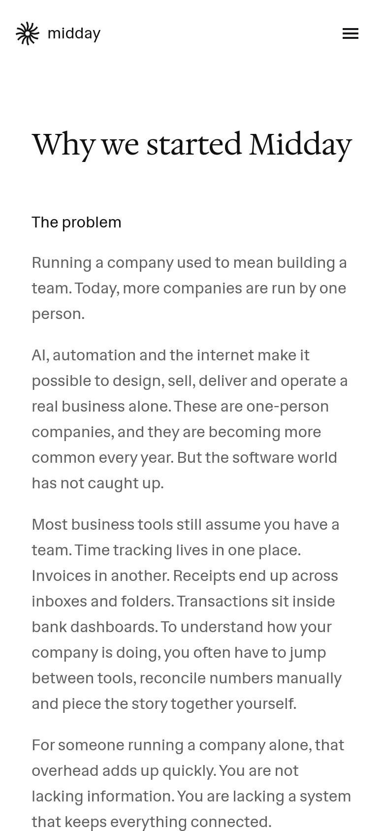 The mobile version maintains the clean, white and black aesthetic but uses a simplified layout. The top navigation is replaced by a hamburger menu icon next to the Midday logo, and the text is stacked vertically for easier reading on a narrow screen.