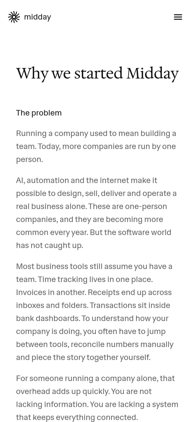 The mobile version maintains the clean, white and black aesthetic but uses a simplified layout. The top navigation is replaced by a hamburger menu icon next to the Midday logo, and the text is stacked vertically for easier reading on a narrow screen.