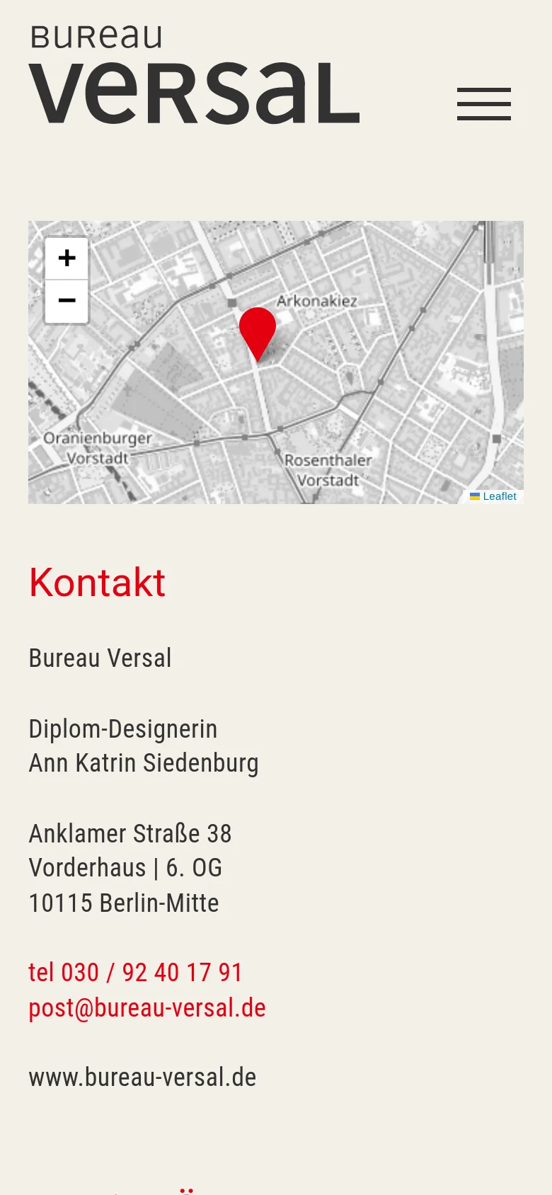 The mobile version presents a single-column vertical layout optimized for small screens. The header features a large logo and a hamburger menu icon. The content follows a top-down sequence: a smaller interactive map, followed by the contact heading, address, phone number, email, and website in red and black text.