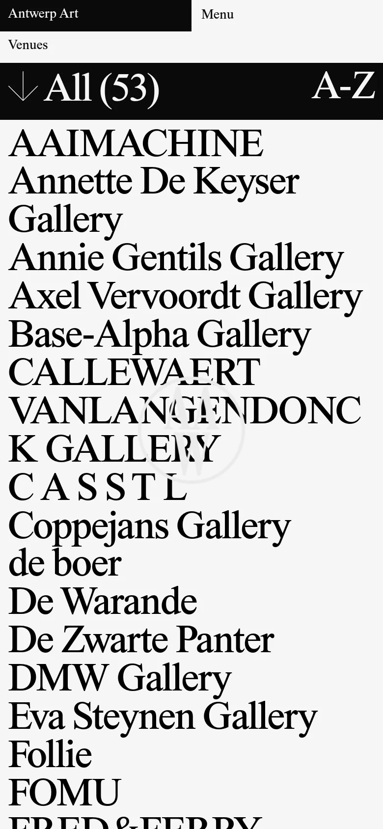 The mobile version maintains the minimalist aesthetic with a condensed black header and a prominent black banner for the venue count and A-Z sorting. The list of venue names is displayed in a single column using large, bold serif typography that fills the width of the screen for easy readability.