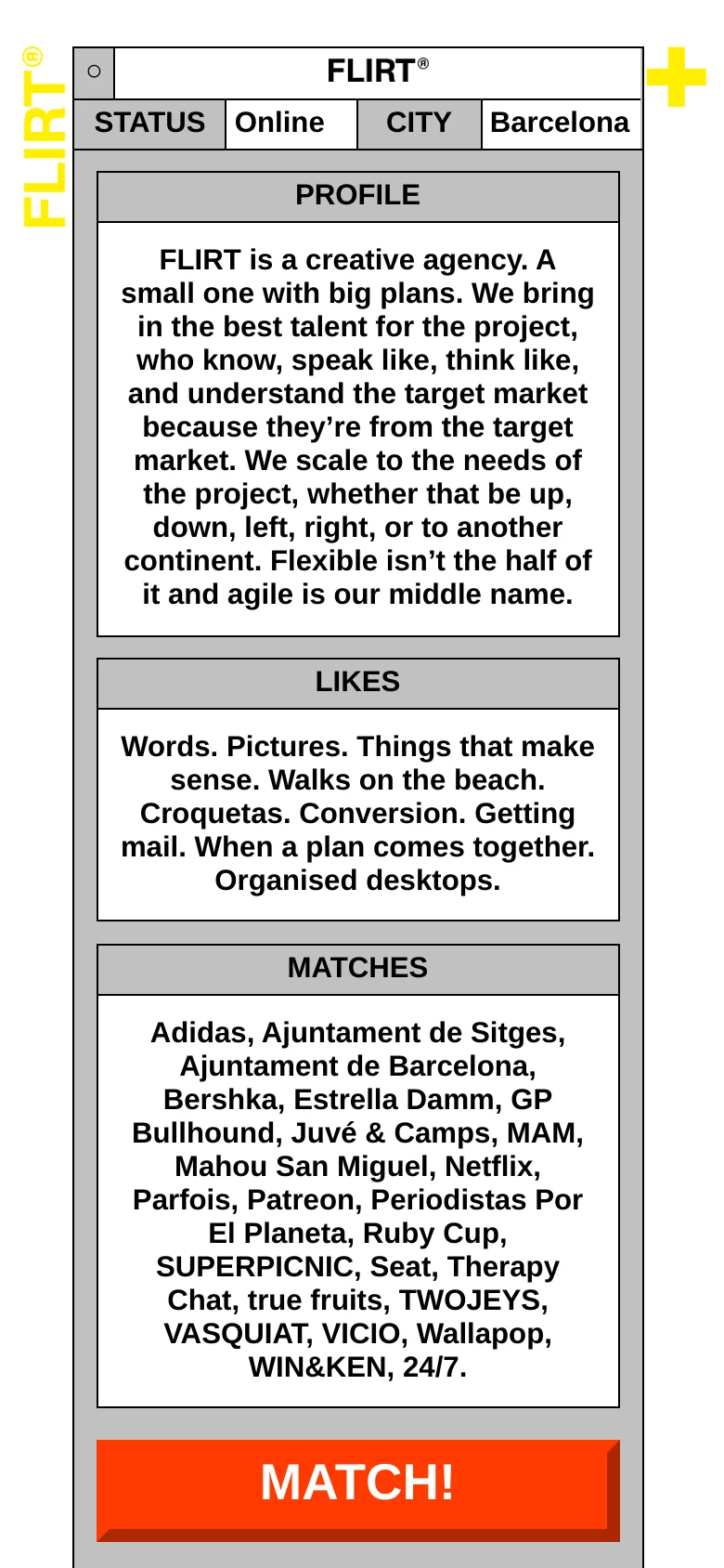 The mobile version maintains the minimalist, modular design but stacks the content vertically for a single-column view. The text within the bordered boxes is centered and more compact to fit the narrow screen, while the bright orange 'MATCH!' button remains prominent at the bottom.