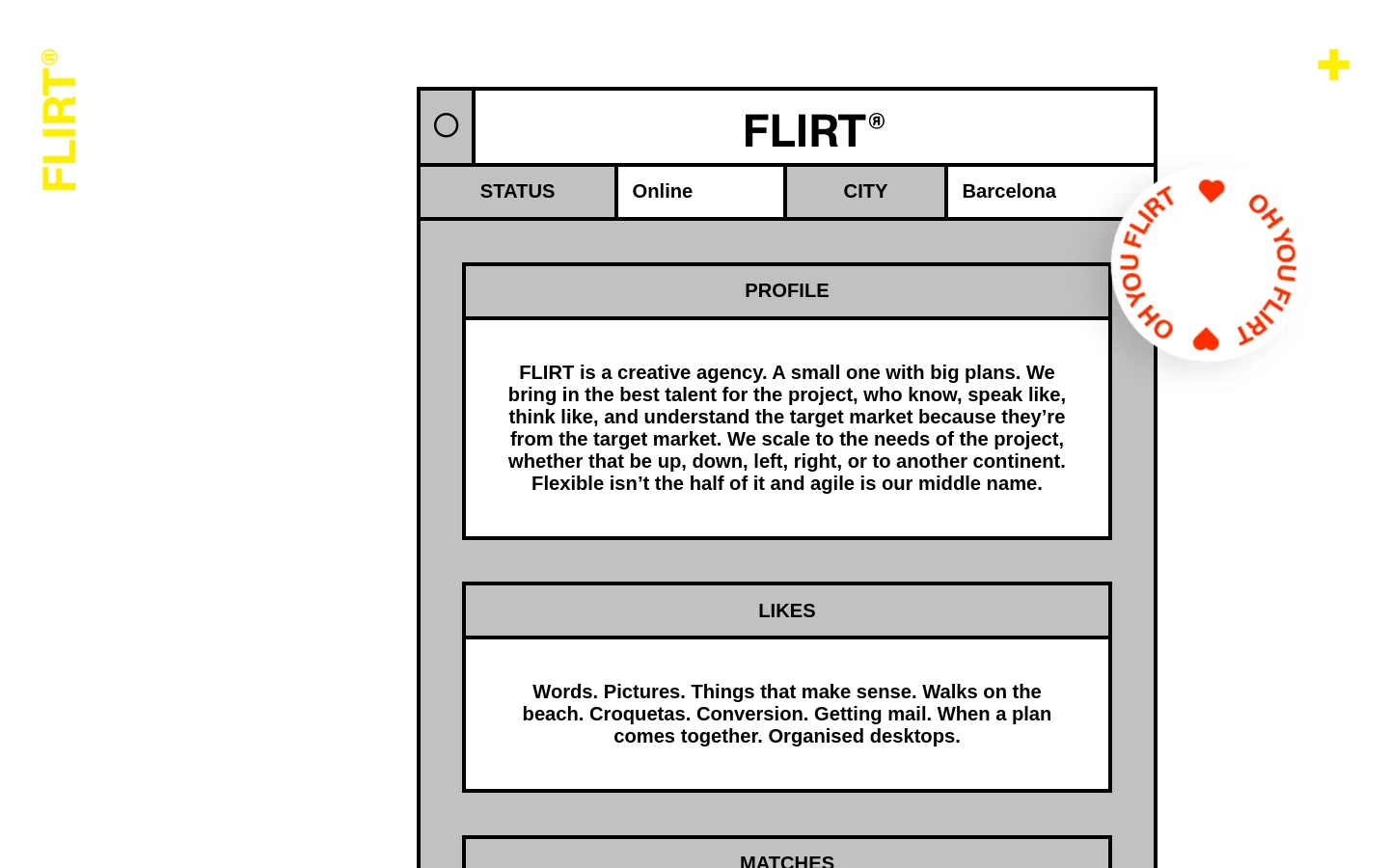 The desktop About page features a minimalist, structured layout with a black and white color scheme and yellow accents. Information is organized into a series of large, bordered rectangular modules containing text for Status, City, Profile, Likes, and Matches. A large orange 'MATCH!' call-to-action button is positioned at the bottom of the main content area.