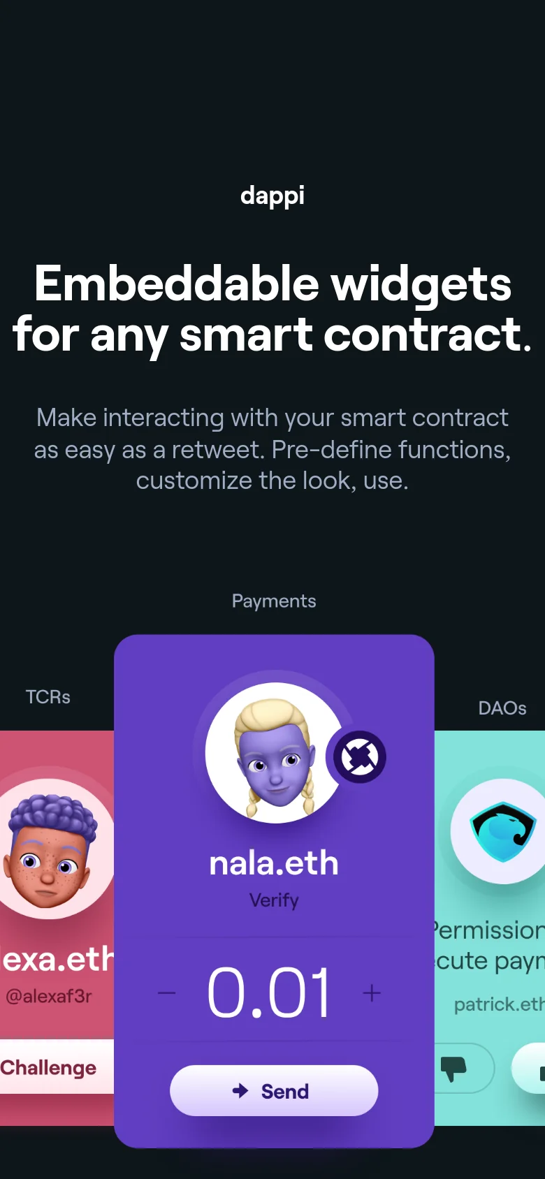 The mobile version presents a vertically stacked layout with the large headline and subtext at the top. The colorful widget cards are partially visible, appearing as a horizontal carousel that allows users to swipe through examples like Payments and TCRs. The dark background remains consistent, but the content is scaled for a narrow viewport.
