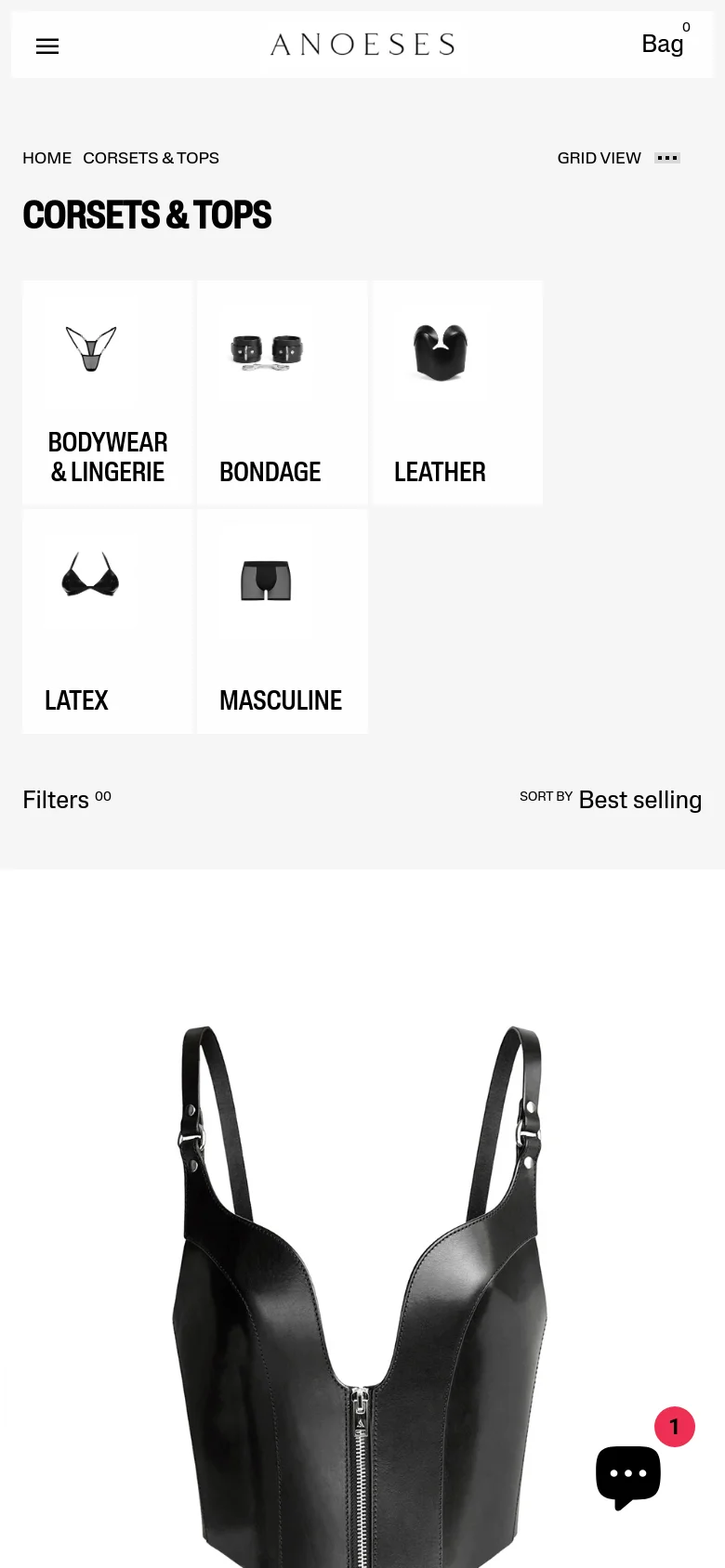 The mobile version simplifies the layout into a single-column view, stacking the category tiles vertically for easier scrolling. The navigation menu is condensed into a hamburger icon, and the product grid displays larger individual images of the black corsets. The overall aesthetic remains clean and white, focusing on the visual impact of the dark luxury apparel.