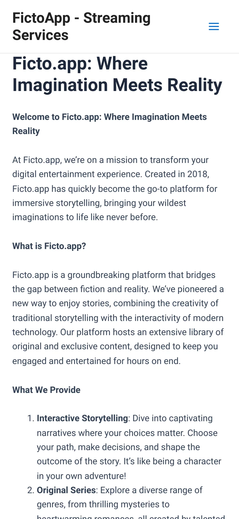 The mobile version presents a single-column vertical layout optimized for small screens. The header features the 'FictoApp' logo and a blue hamburger menu icon for navigation. The text content is reflowed into a narrow column, maintaining the hierarchy of bold headings and numbered lists for readability.