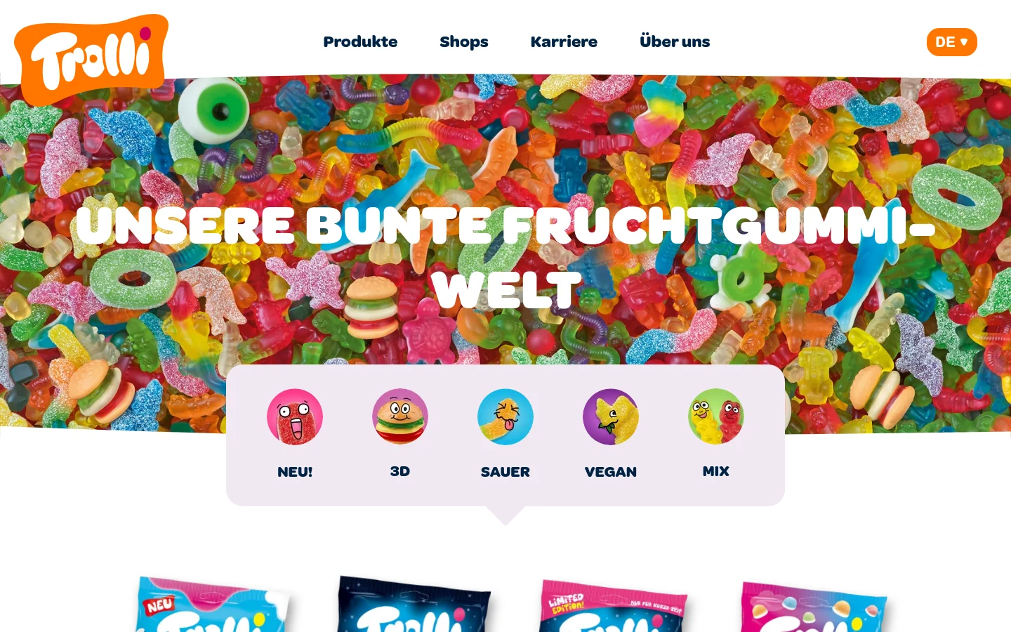 The desktop page features a white navigation bar with the Trolli logo and links for Produkte, Shops, Karriere, and Über uns. A large hero image shows a colorful sea of gummy candies with the headline 'UNSERE BUNTE FRUCHTGUMMI-WELT' in bold white text. Below the hero, a white floating card contains circular icons for product categories: NEU!, 3D, SAUER, VEGAN, and MIX.