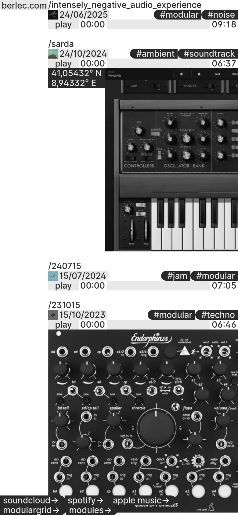 The mobile version maintains the dark, minimalist aesthetic but transitions to a single-column vertical stack. Audio tracks are listed sequentially with thumbnails, playback bars, and metadata, optimizing the layout for vertical scrolling on a smaller screen.