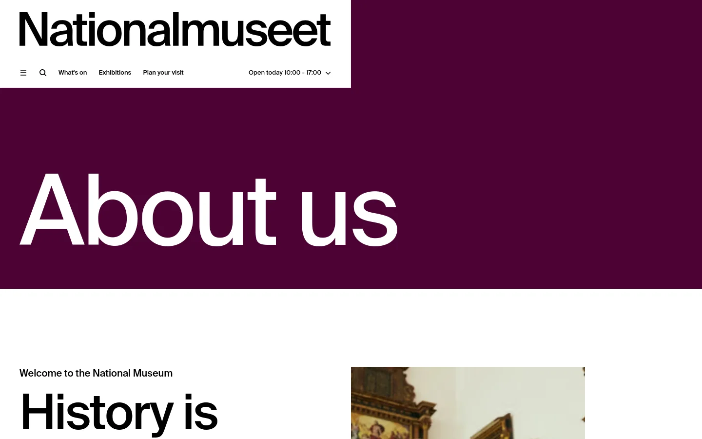 The desktop page features a large, deep purple hero section with the title 'About us' in massive white text. Below, the content is arranged in a clean, white layout with black text, alternating between text blocks and large, high-quality museum imagery. A white navigation bar at the top includes the Nationalmuseet logo, menu links, and opening hours.