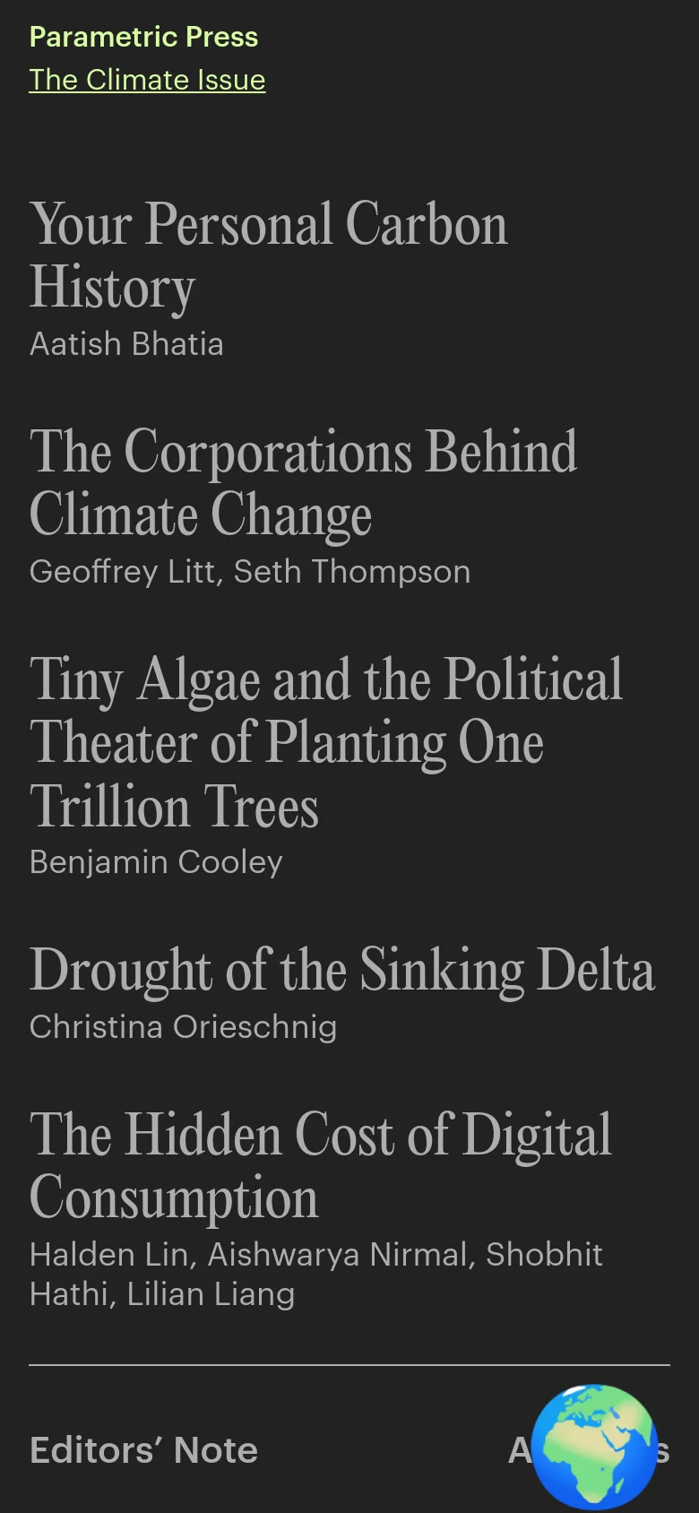 The mobile version presents a simplified, single-column layout on a dark background. The text is stacked vertically, starting with the site title and 'The Climate Issue' followed by a list of article headlines and their respective authors. The side-by-side split layout of the desktop version is replaced by a continuous vertical scroll.