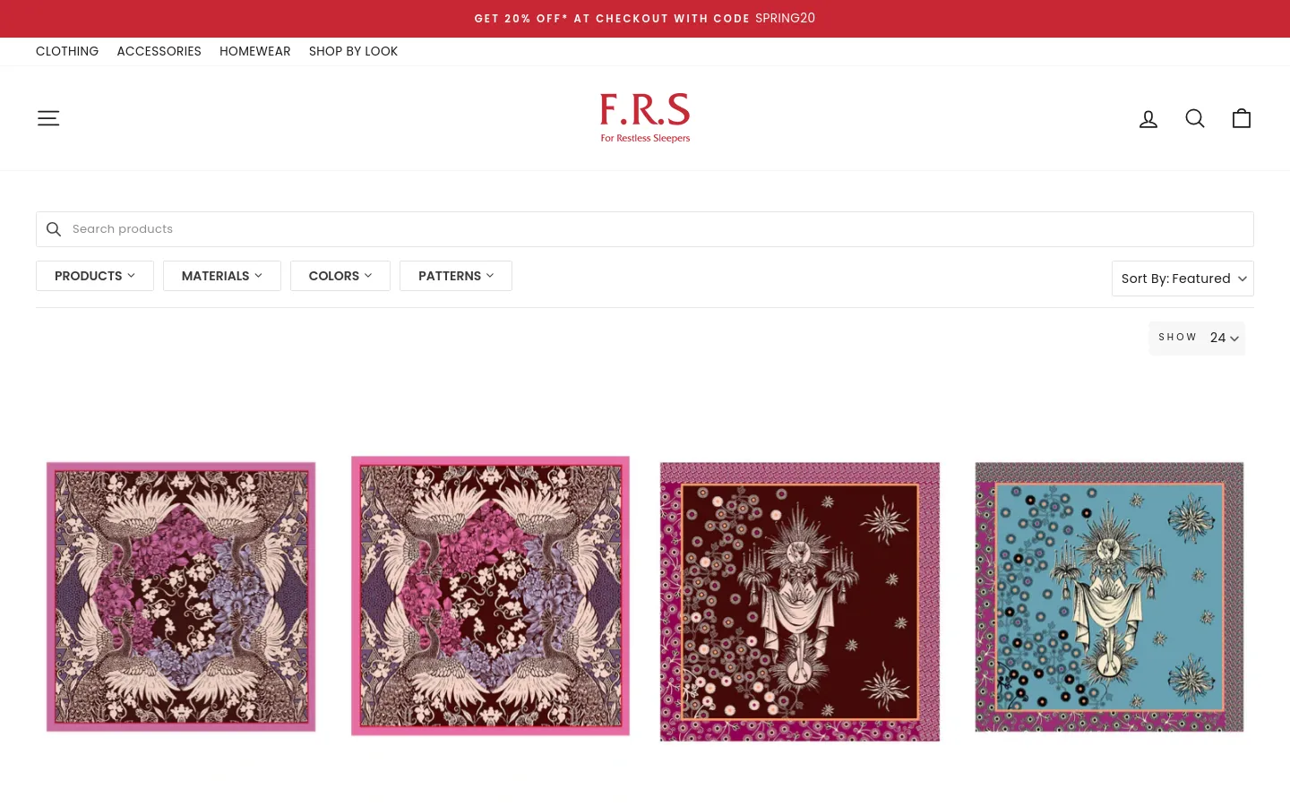 The desktop Accessories page features a clean white layout with a red promotional banner at the top. A navigation menu and search bar sit above a product grid displaying silk scarves with intricate patterns like peacocks and deer. A sidebar on the left provides filtering options by product type, material, color, and pattern.
