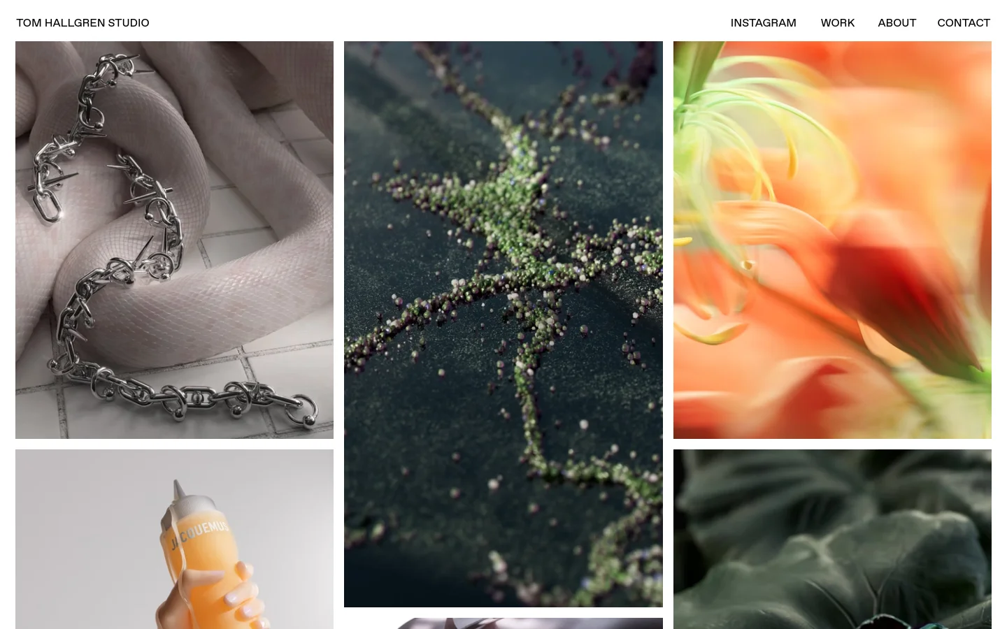 The homepage for Tom Hallgren Studio features a minimalist white layout with a navigation menu at the top containing Instagram, Work, About, and Contact. A grid of high-quality 3D rendered images showcases various artistic works, including metallic jewelry, abstract organic textures, and colorful fluid shapes.