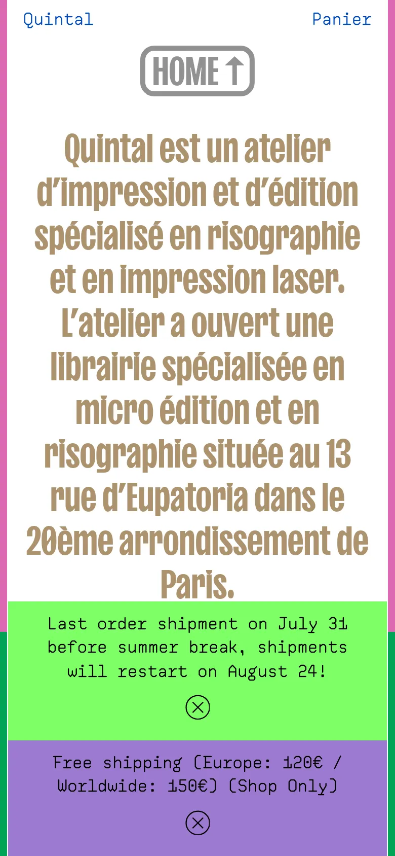 The mobile version uses a vertical stack layout with a prominent pink header section containing the atelier's description in large, olive green text. Two bright, full-width notification banners in green and purple sit at the bottom of the screen, providing shipping updates and free shipping information. The navigation and branding elements are simplified to fit the narrow viewport.