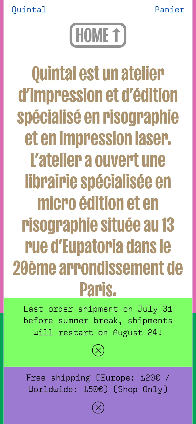 The mobile version uses a vertical stack layout with a prominent pink header section containing the atelier's description in large, olive green text. Two bright, full-width notification banners in green and purple sit at the bottom of the screen, providing shipping updates and free shipping information. The navigation and branding elements are simplified to fit the narrow viewport.