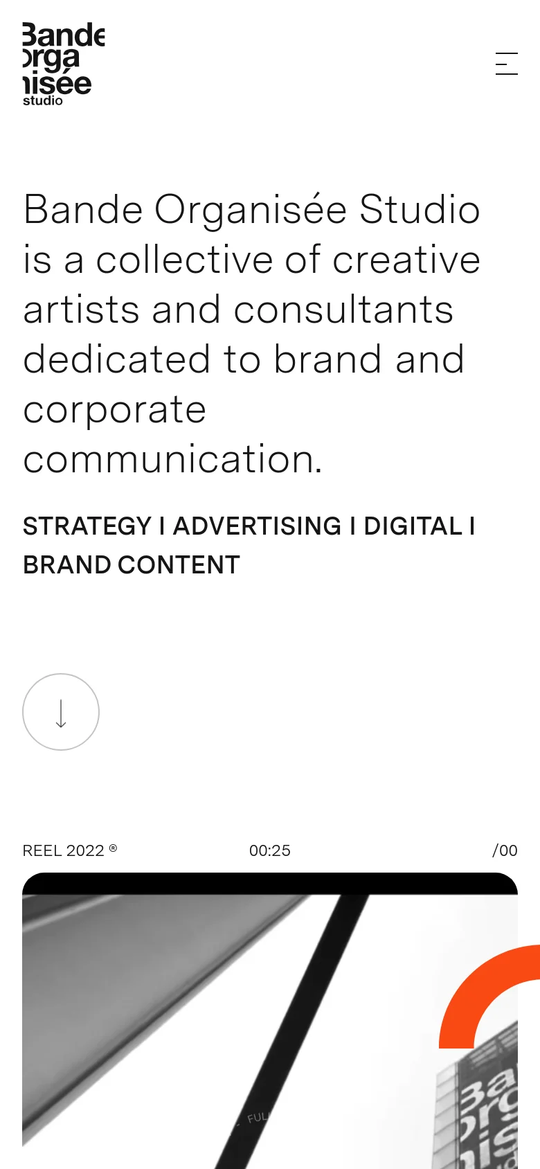The mobile version uses a single-column layout with the studio logo and a hamburger menu at the top. The large introductory text spans the width of the screen, followed by a downward scroll arrow and a video player that occupies the full width of the viewport.