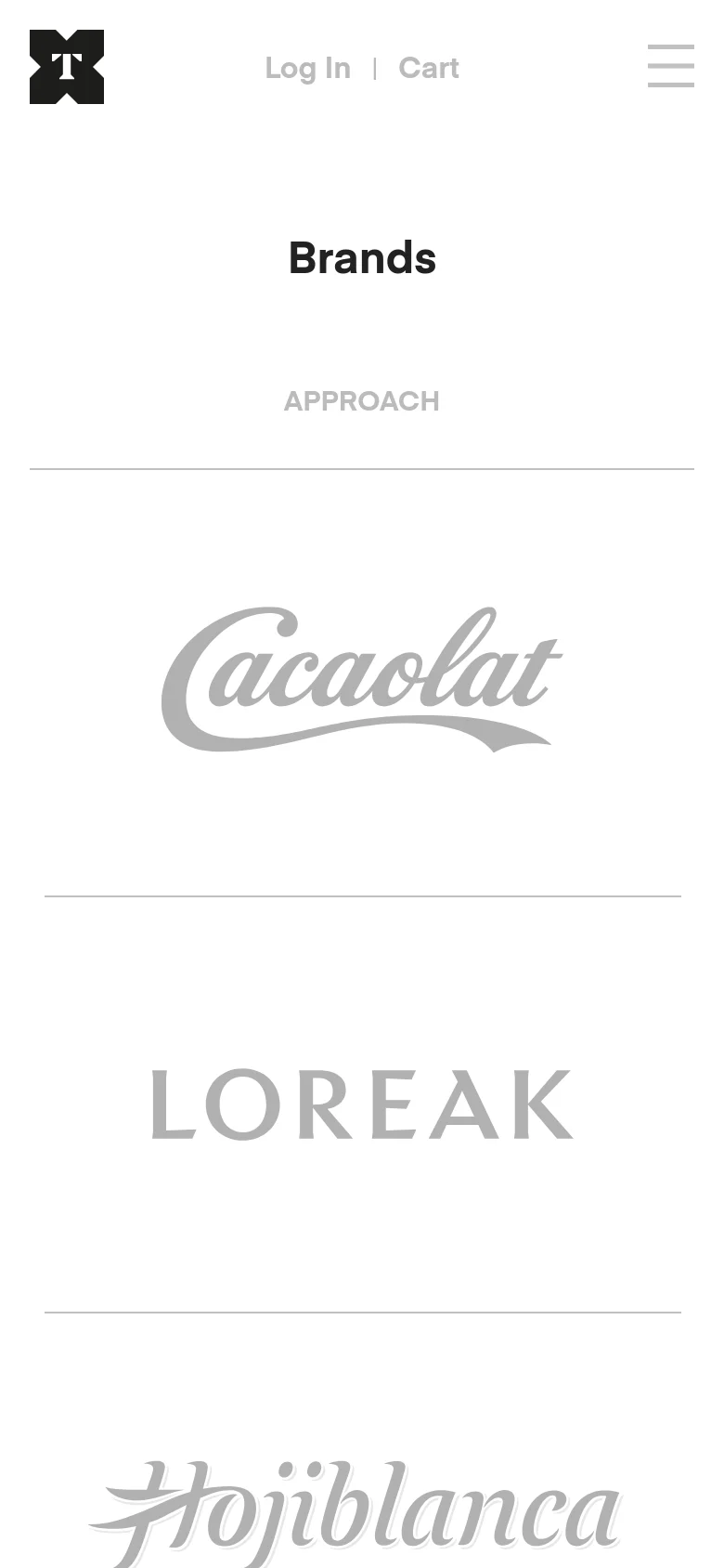 The mobile version simplifies the layout, replacing the top navigation bar with a hamburger menu icon on the right and the logo on the left. The central content remains a vertical stack of large, grey typographic brand logos such as Cacaolat and Loreak, maintaining the minimalist aesthetic on a smaller screen.