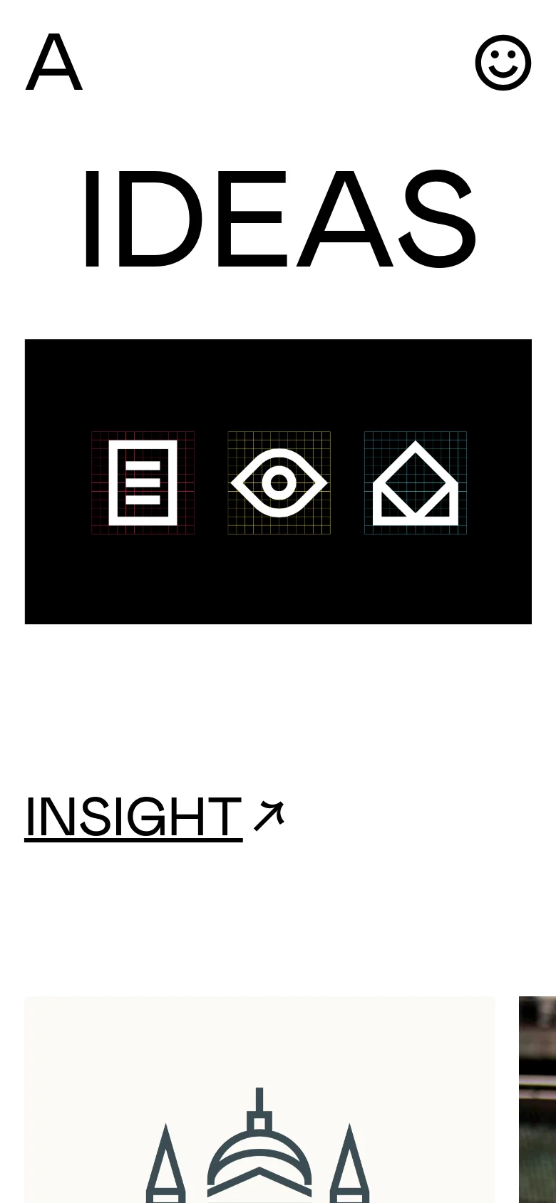 The mobile version maintains the minimalist white background and large black 'IDEAS' typography. The black hero section with the three grid-patterned icons is scaled down to fit the narrower screen width, and the 'ANAGRAM' logo and smiley face icon are repositioned to accommodate the vertical layout.