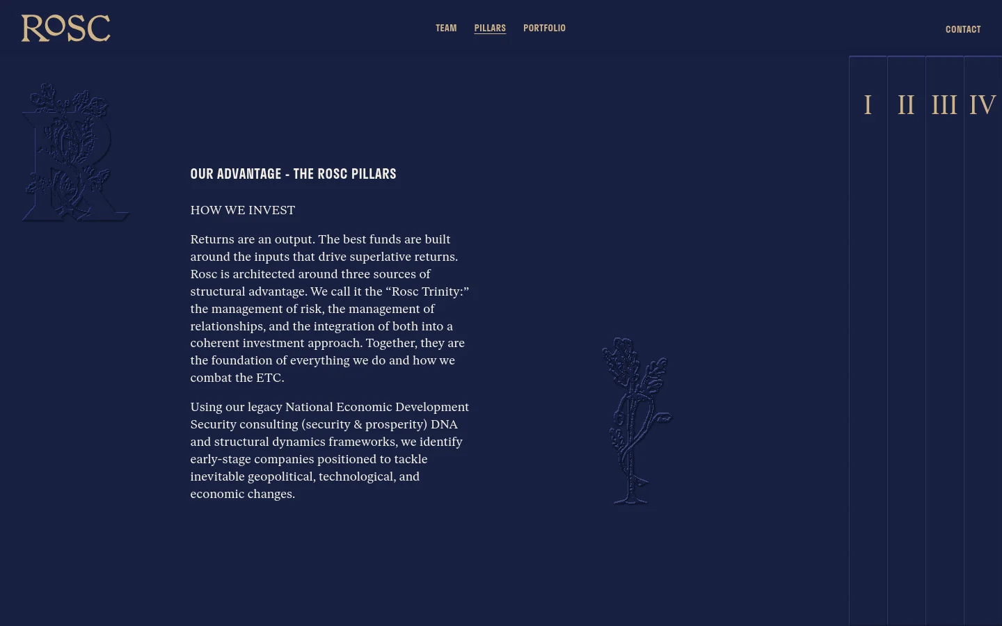 The desktop page features a dark navy background with gold text and a minimalist layout. A large decorative 'R' emblem is on the left, while the right side displays Roman numerals I through IV separated by thin vertical lines. The main content area includes the headline 'OUR ADVANTAGE - THE ROSC PILLARS' and detailed text explaining their investment philosophy.