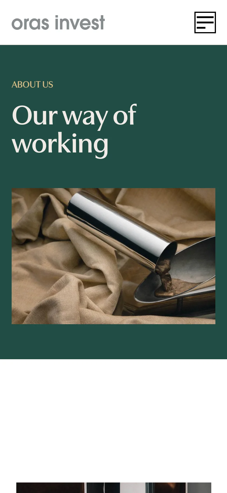 The mobile version simplifies the layout with a white header containing the logo and a hamburger menu icon on the right. The hero section shifts to a single-column vertical stack, placing the dark green background and 'Our way of working' headline at the top, followed by the large image of molten metal pouring from a crucible below it.