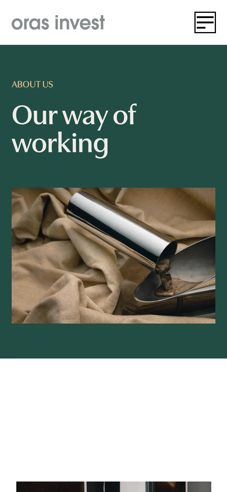 The mobile version simplifies the layout with a white header containing the logo and a hamburger menu icon on the right. The hero section shifts to a single-column vertical stack, placing the dark green background and 'Our way of working' headline at the top, followed by the large image of molten metal pouring from a crucible below it.