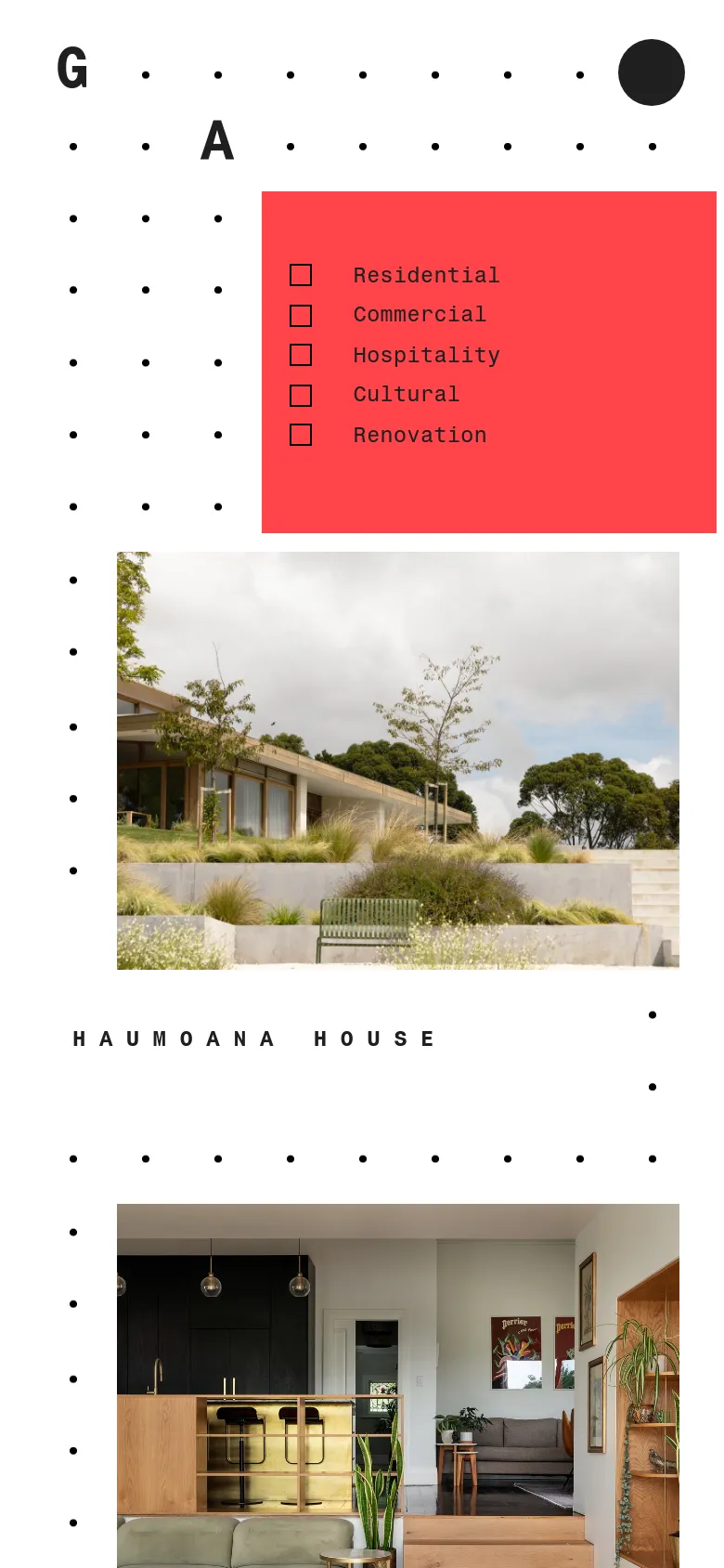 The mobile version presents a simplified vertical layout with the 'GA' logo and a large black circle at the top. A bright red call-to-action box containing project category filters is prominently positioned above a large, full-width image of the Haumoana House. The design maintains the minimalist aesthetic with black dot accents and high-contrast typography.