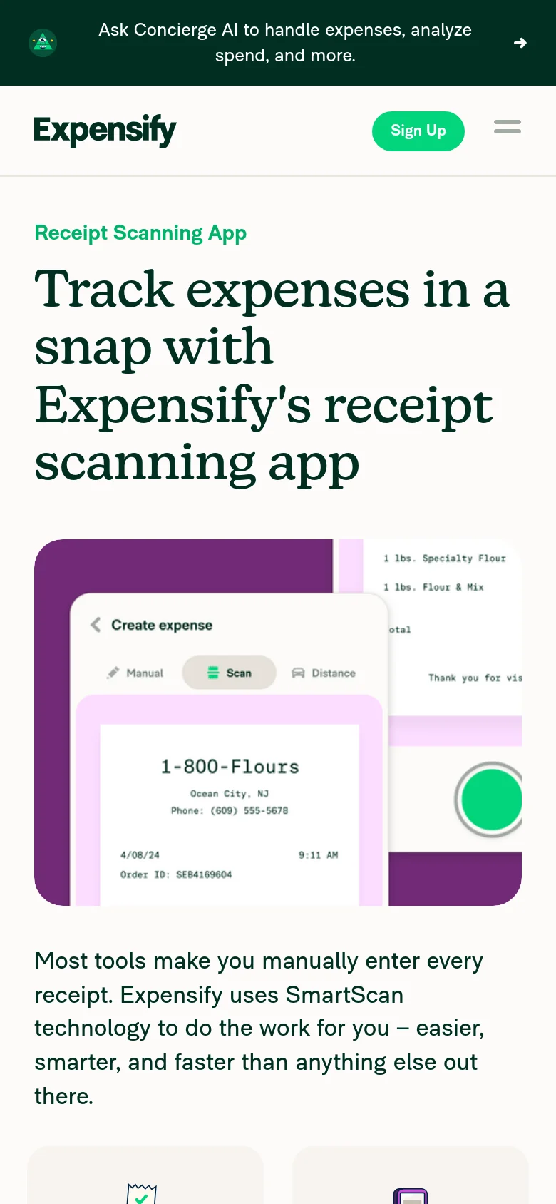The mobile version presents a simplified, single-column layout with a condensed header featuring a hamburger menu and a 'Sign Up' button. The hero headline and app interface graphic are stacked vertically to fit the narrow screen, and the feature grid transitions into a vertical list of icons and text for easier scrolling.